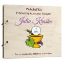 Drewniany album z kielichem pamiątka Pierwszej Komunii Świętej