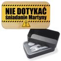 Lunch box z nadrukiem Nie Dotykać śniadanie z imieniem pudełko śniadaniowe dla dziecka ucznia do szkoły personalizowane