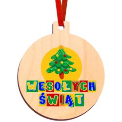 Bombka choinkowa drewniana WESOŁYCH ŚWIĄT...