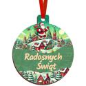 Bombka choinkowa drewniana RADOSNYCH ŚWIĄT zawieszka do prezentów