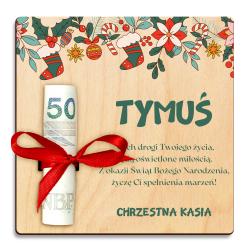 Drewniany bon świąteczny z imieniem i miejscem...