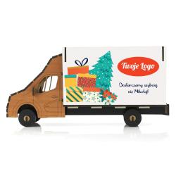 Drewniany dostawczak z logo firmowym pudełko na...