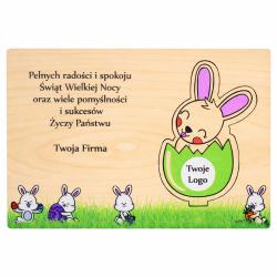 Firmowa kartka wielkanocna 3D z zającem i logo