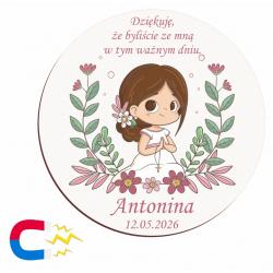 Okrągłe podziękowanie magnes na I Komunię...