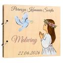 Drewniany album z gołębiem pamiątka Pierwszej Komunii Świętej