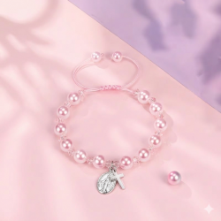 Bransoletka komunijna różowa perełki krzyżyk...