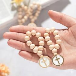 Różaniec na palec drewniane koraliki krzyż organza