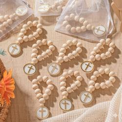 Różaniec na palec drewniane koraliki krzyż organza