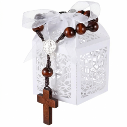 Mini różaniec drewniany pudełko na prezent organza