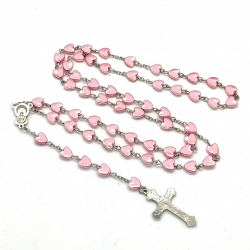Różaniec różowy serca koraliki medalik krzyż