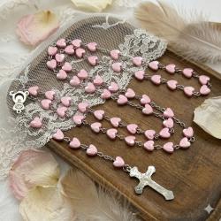 Różaniec różowy serca koraliki medalik krzyż