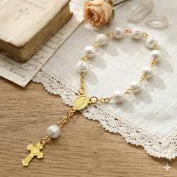 Mini różaniec perłowy złoty medalik krzyż prezent