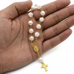 Mini różaniec perłowy złoty medalik krzyż prezent