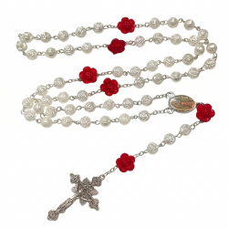 Różaniec perełkowy różyczki czerwone medalik krzyż