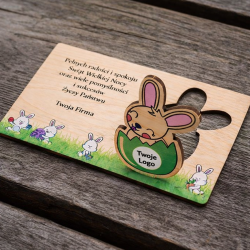 Firmowa kartka wielkanocna 3D z zającem i logo