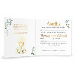 Zaproszenie na Komunię Świętą złote liście...