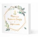 Zaproszenie na Komunię Świętą złote liście eleganckie