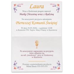 Zaproszenie komunijne dziewczynka kielich kwiaty