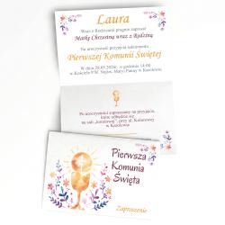 Zaproszenie komunijne dziewczynka kielich kwiaty