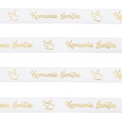 Tasiemka satynowa Komunia Święta biało-złota 20m