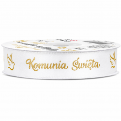 Tasiemka satynowa Komunia Święta biało-złota...