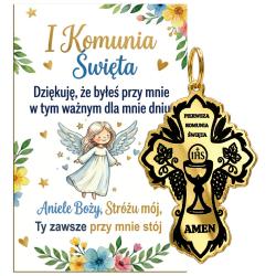 Brelok krzyż Komunia Święta złote lustro grawer...