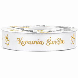 Tasiemka satynowa Komunia Święta biało-złota...