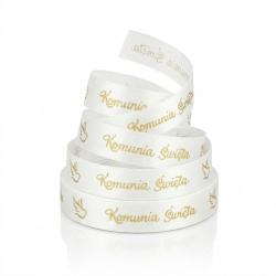 Tasiemka satynowa Komunia Święta biało złota...