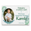 Magnes komunijny ze zdjęciem podziękowanie dla gości Komunia Święta zielony styl personalizowany imię data gotowy upominek