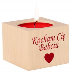 Drewniany świecznik z nadrukiem Kocham Cię...