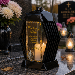Duży szklany znicz z dedykacją i aniołem na...