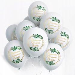 Balony komunijne Białe Heksagon zielony Eukaliptus