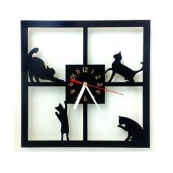 Drewniany zegar na ścianę Koty kwadrat